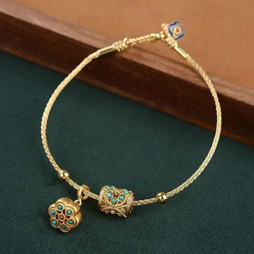Bracelet en Or Antique avec Lotus Turquoise