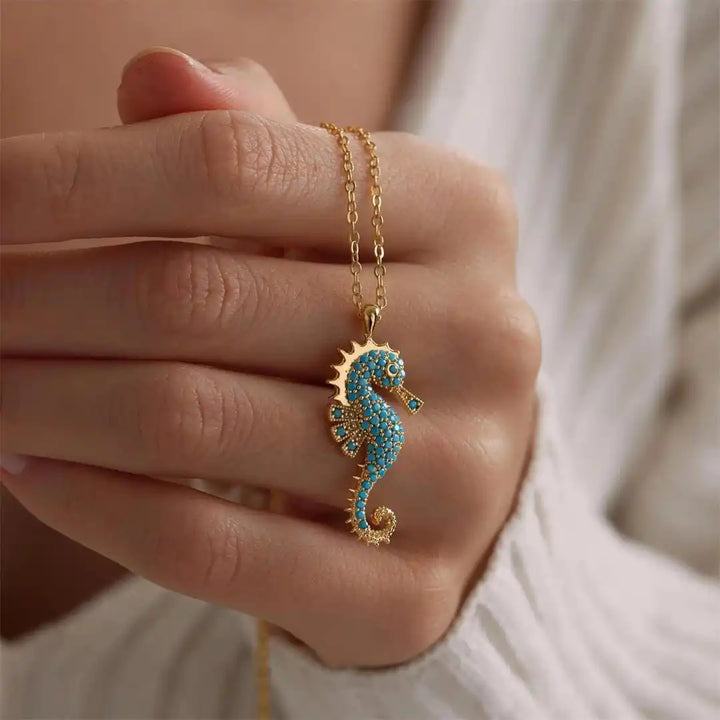 Pendentif Hippocampe en Or avec Collier en Turquoise