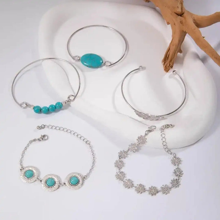 Ensemble de Bracelets Vintage en Argent et Turquoise à Motif Floral
