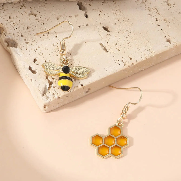 Honeycomb &amp; Bee Drop Earrings – Gold Tone Jewellery for Women