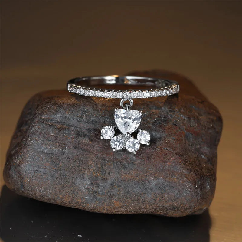 Bague Vintage Patte de Chat avec Pierre en Cœur – Tons Or et Argent
