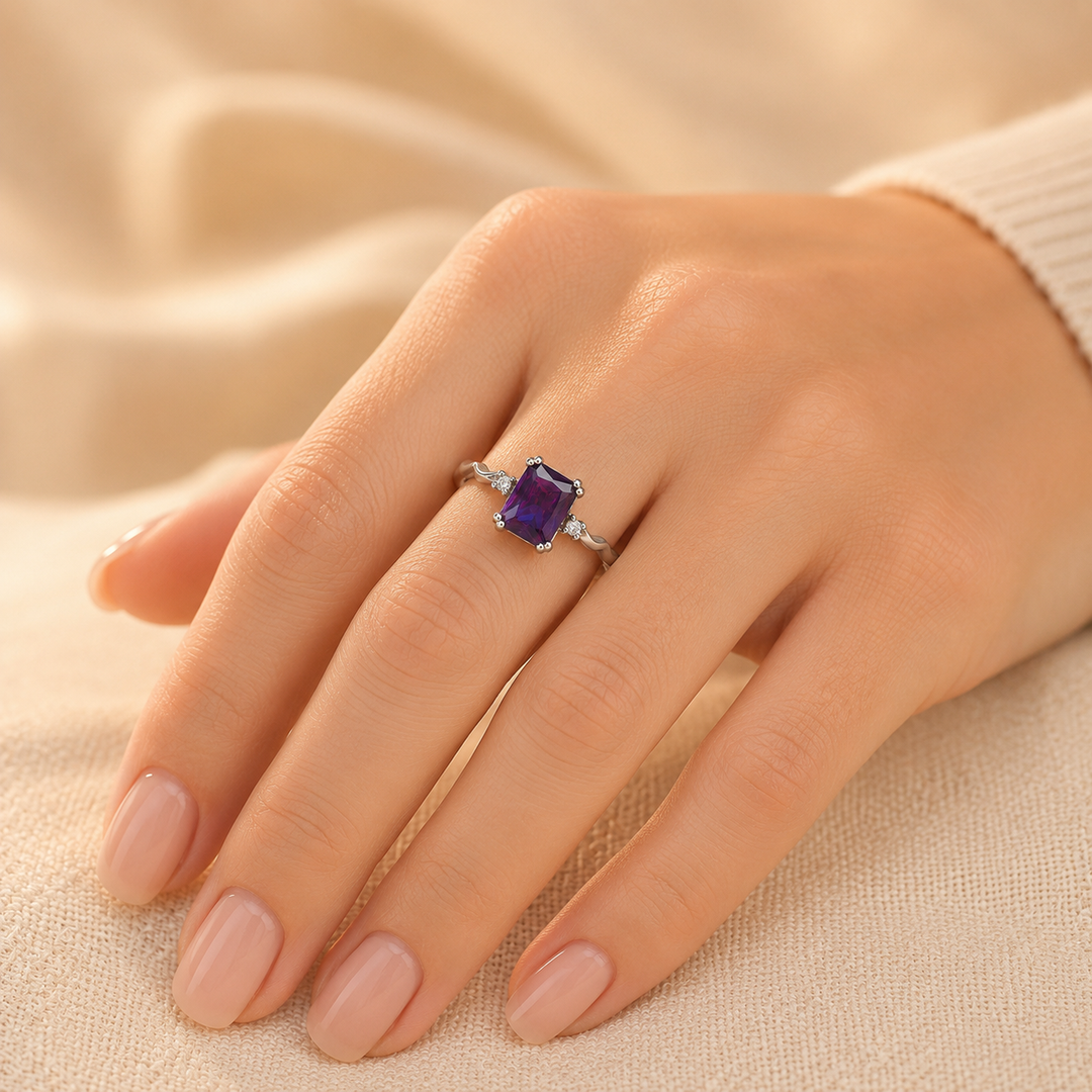 Silver Ring with Amethyst Emerald Cut
