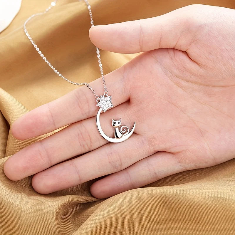 Collier en Argent Sterling avec Silhouette de Chat, Lune et Étoiles