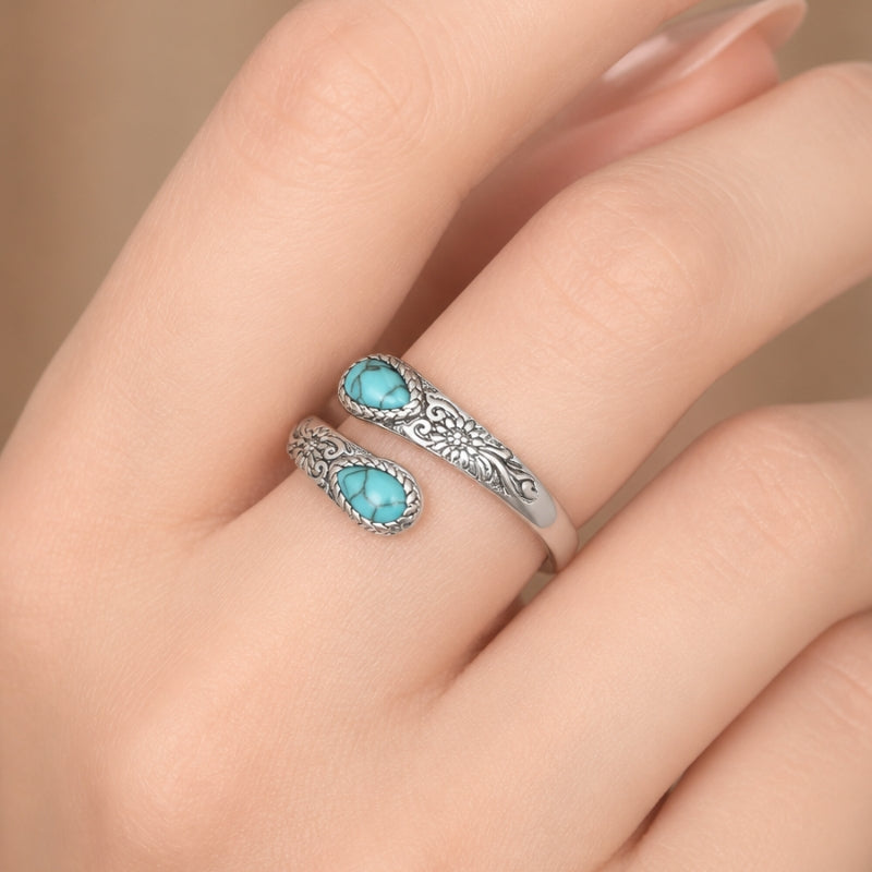 Bague en Turquoise en Forme de Goutte avec Motif Floral