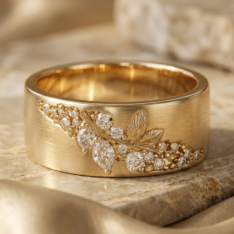 Bague Intemporelle en Zirconium Doré en Forme de Feuille