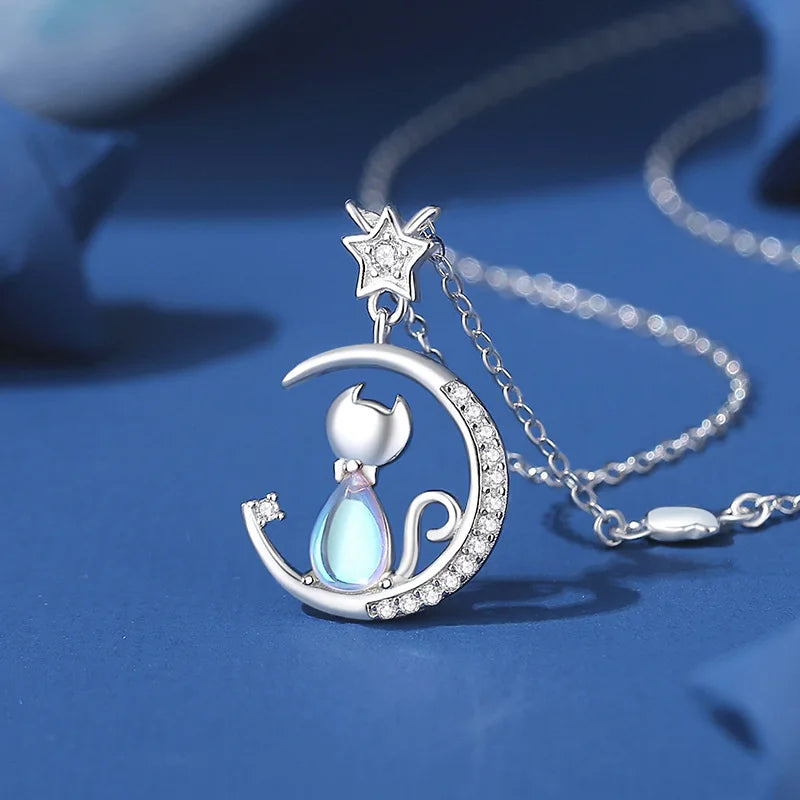 Collier en argent sterling avec chat et lune