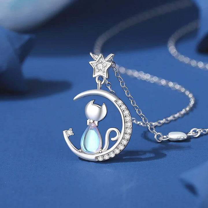 Collier en argent sterling avec chat et lune