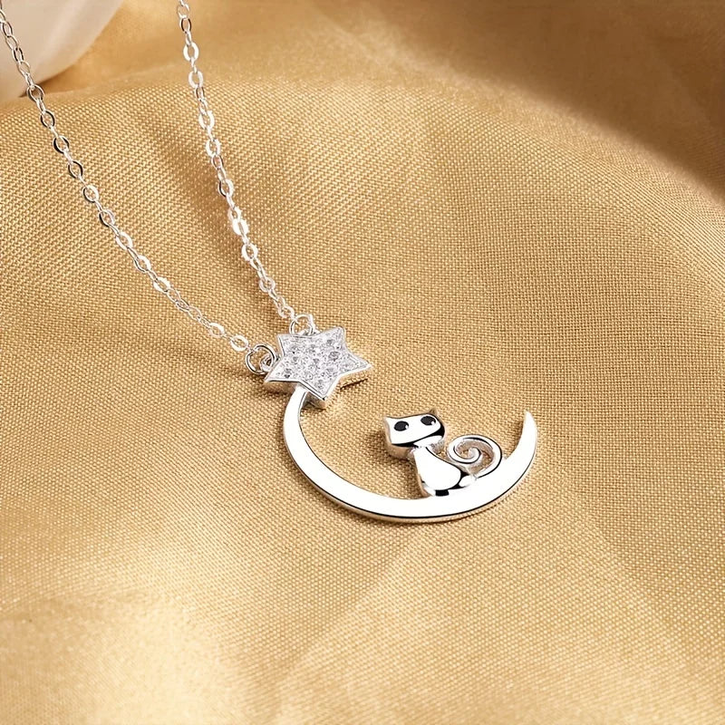 Collier en Argent Sterling avec Silhouette de Chat, Lune et Étoiles