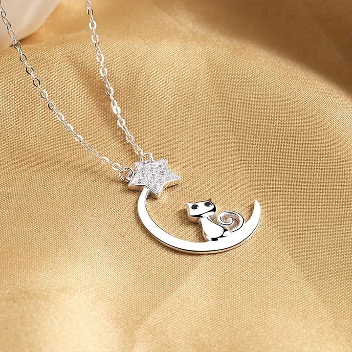 Collier en Argent Sterling avec Silhouette de Chat, Lune et Étoiles