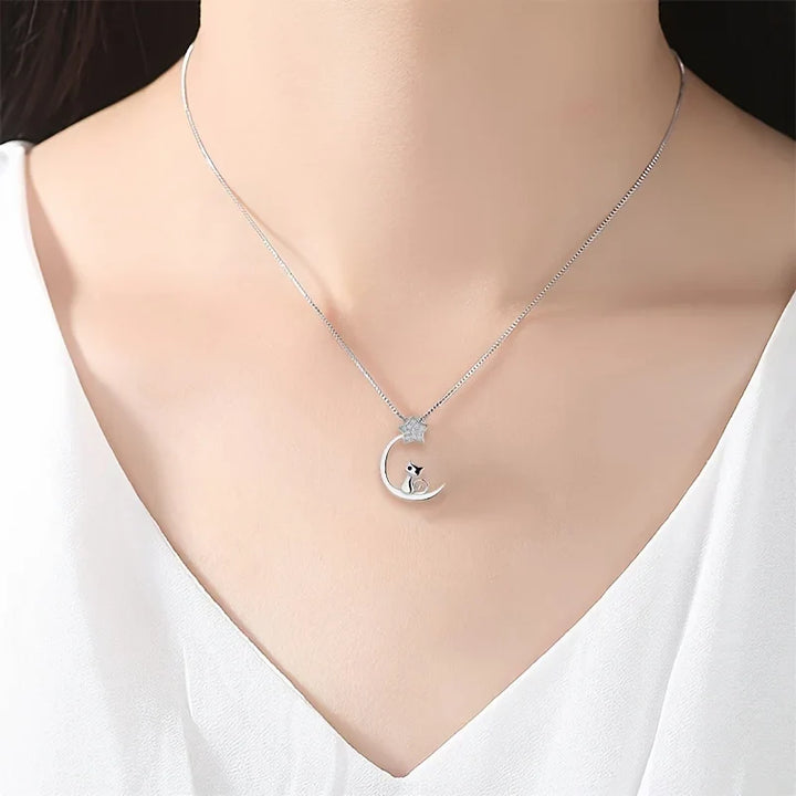 Collier en Argent Sterling avec Silhouette de Chat, Lune et Étoiles
