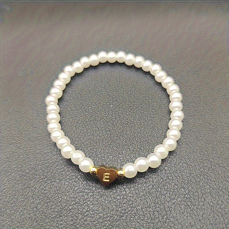 Personalised Pearl Bead Bracelet with Heart Initial Charm