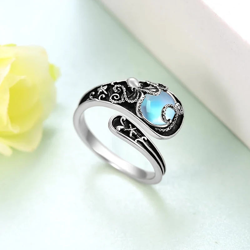 Bague en Argent Octopus avec Pierre de Lune Bleue