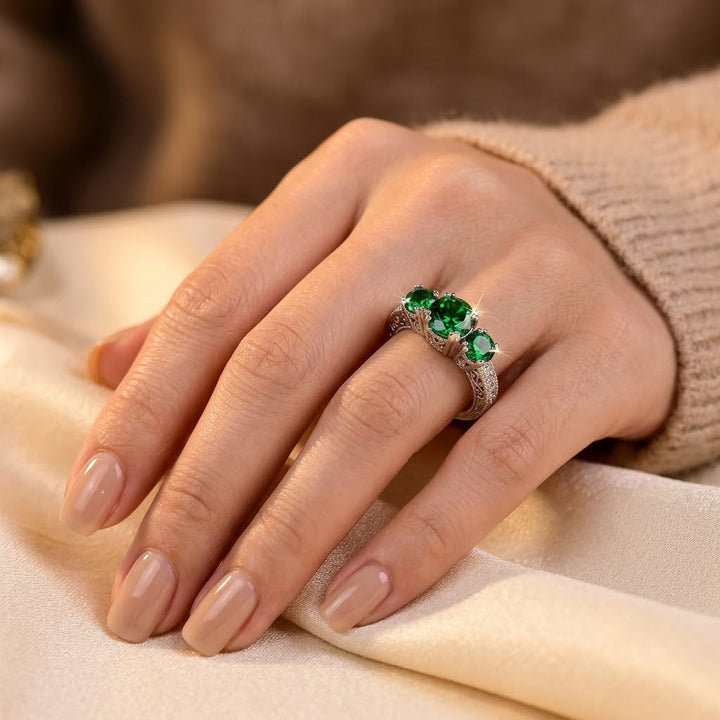 Three-Stone Emerald Silver Ring