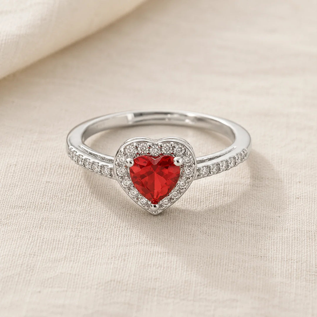 Bague en cristal halo en forme de cœur cramoisi