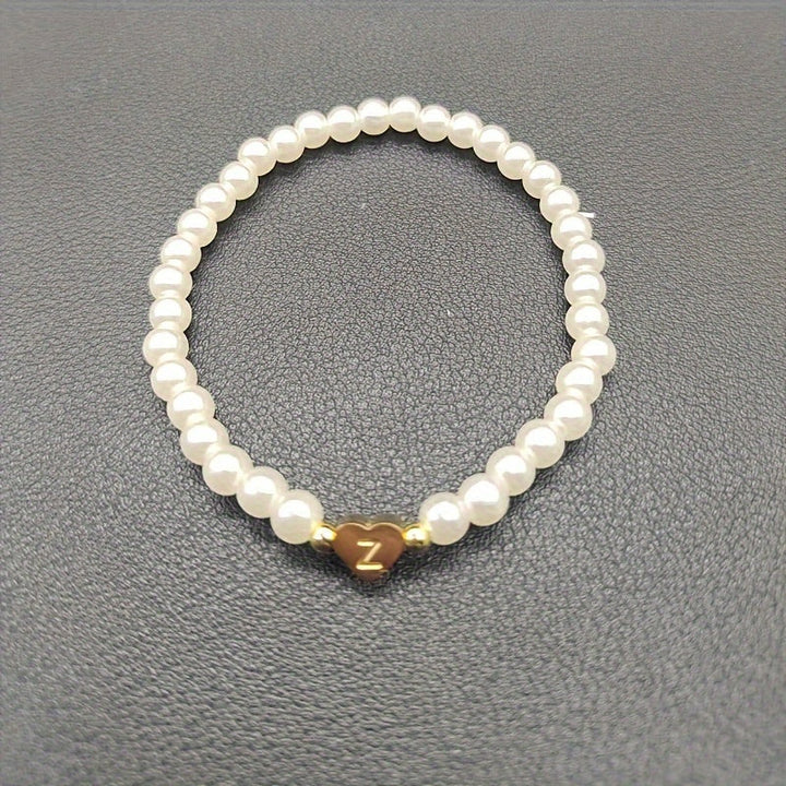 Personalised Pearl Bead Bracelet with Heart Initial Charm