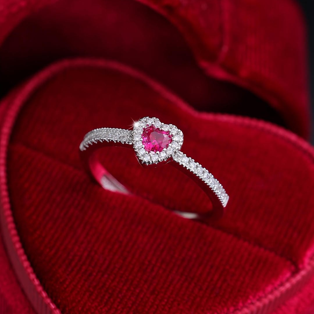 Bague de Promesse en Cristal en Forme de Cœur Halo
