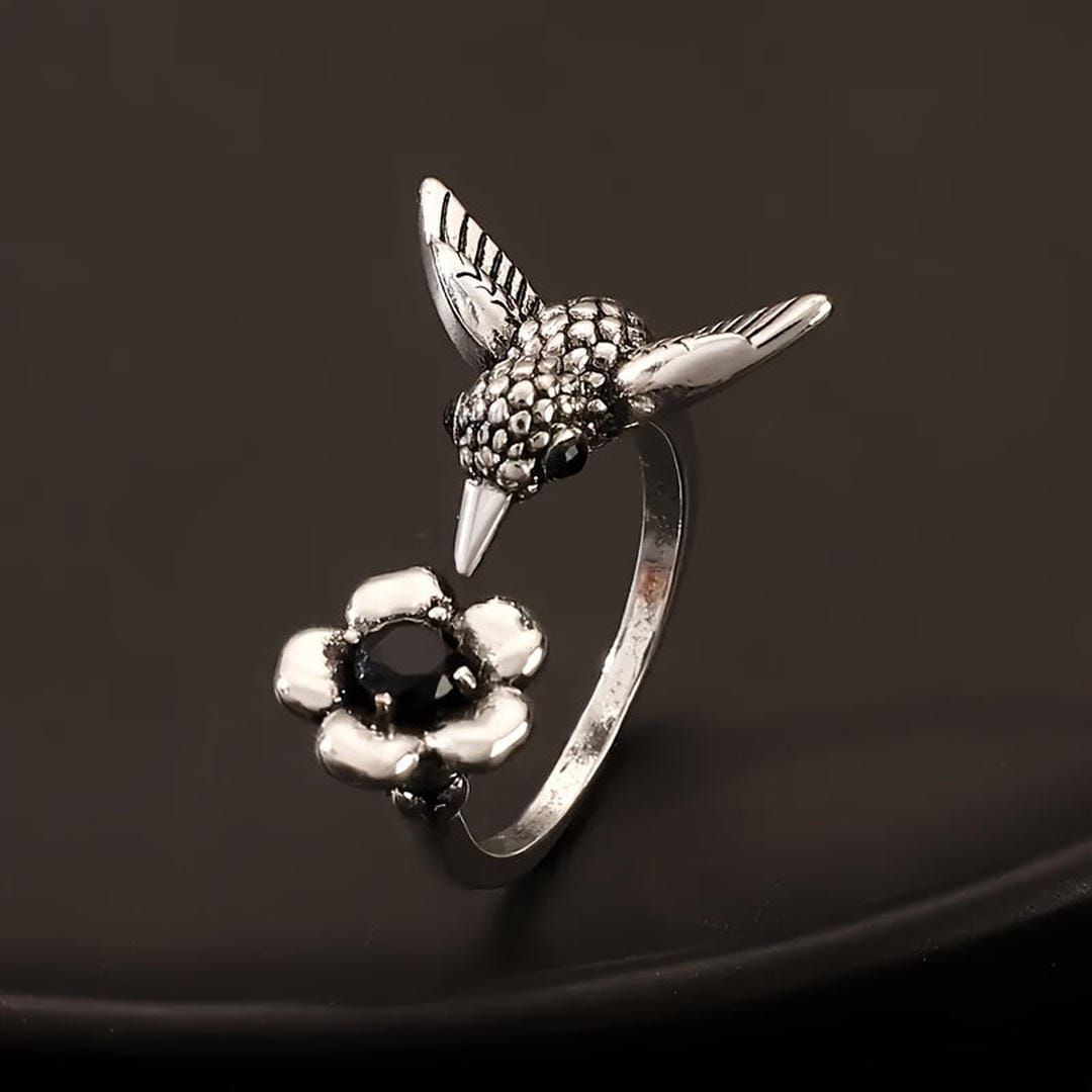 Hummingbird &amp; Floral Stone Adjustable Ring