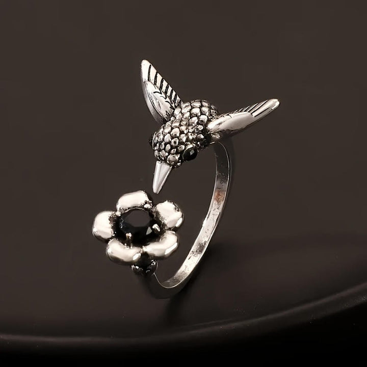 Hummingbird &amp; Floral Stone Adjustable Ring