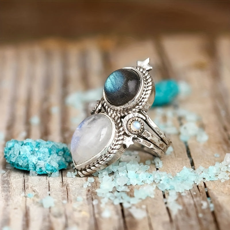 Bague en Argent avec Labradorite et Pierre de Lune Céleste