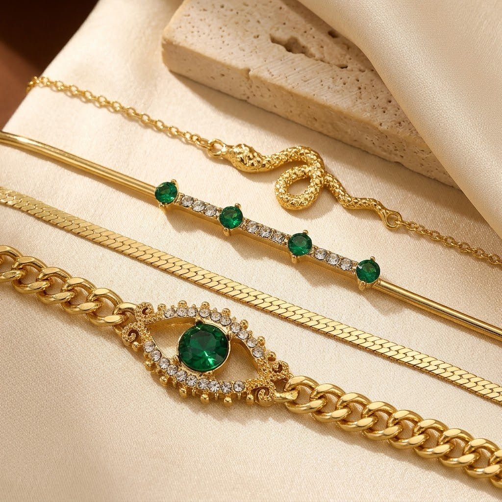 Golden Emerald Charm Bracelet