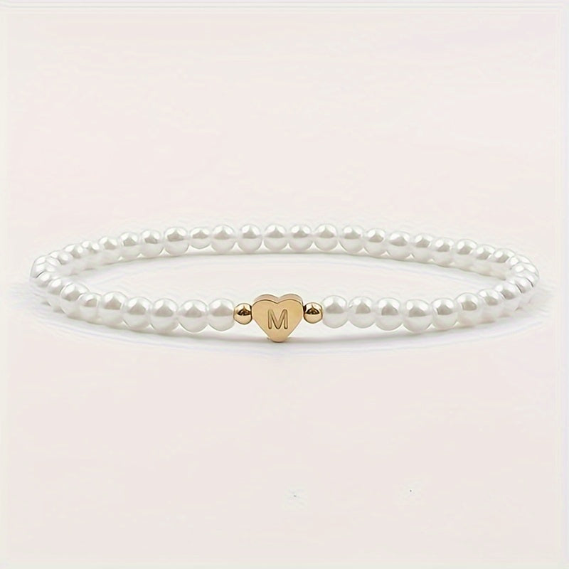 Personalised Pearl Bead Bracelet with Heart Initial Charm