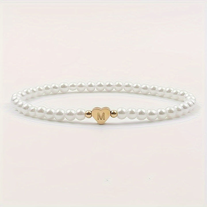 Personalised Pearl Bead Bracelet with Heart Initial Charm