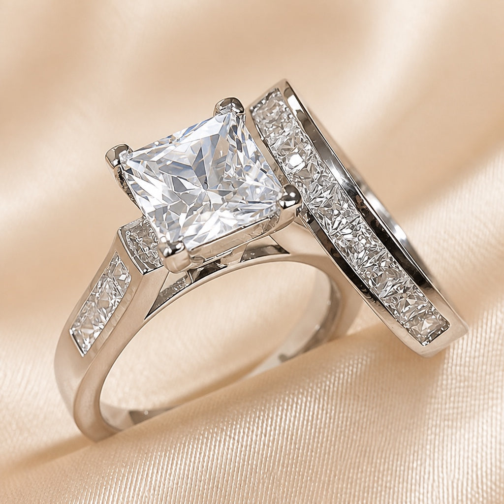 Ensemble de Bagues en Zirconium Carré en Or Blanc