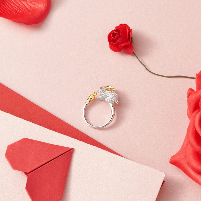 Bague Unique en Argent Ajustable avec Lapin et Carotte en Cristal