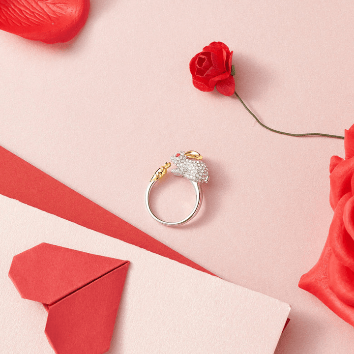Bague Unique en Argent Ajustable avec Lapin et Carotte en Cristal