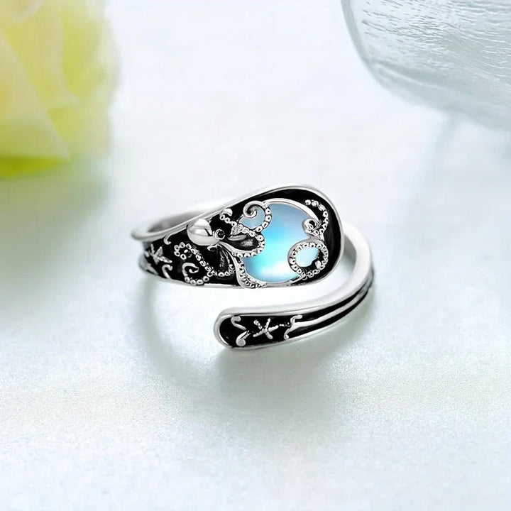 Bague en Argent Octopus avec Pierre de Lune Bleue
