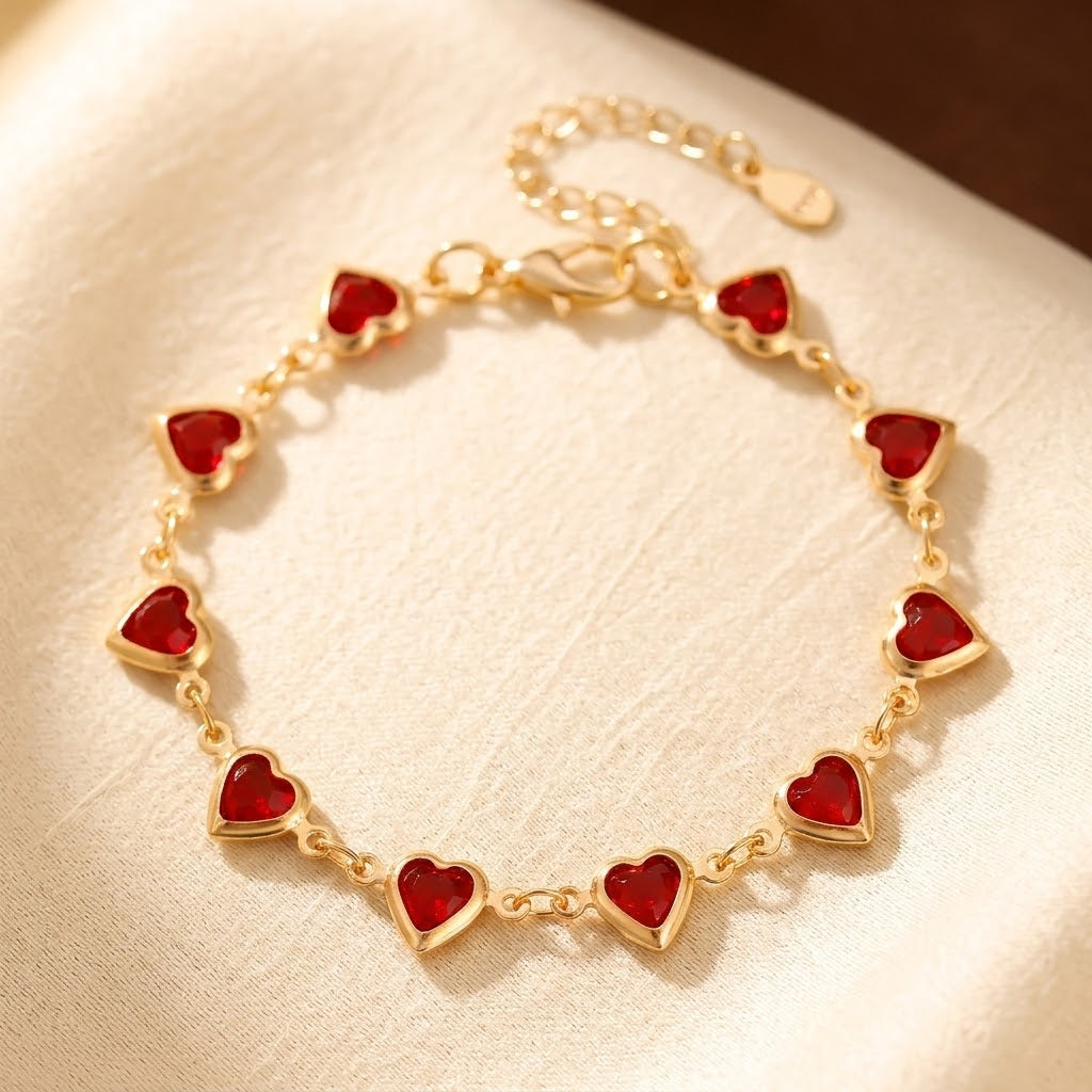 Gold Chain Bracelet with Heart-Shaped Ruby