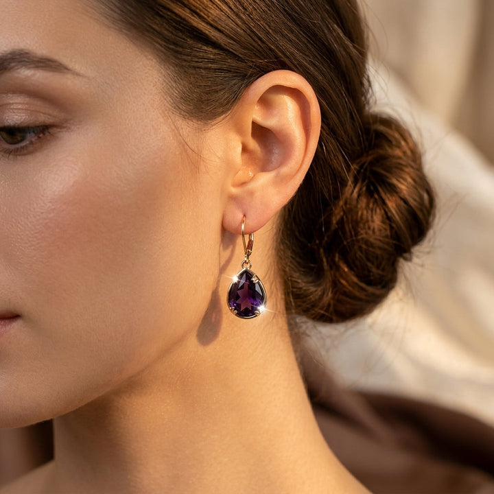 Gold Earrings with Amethyst Drop
