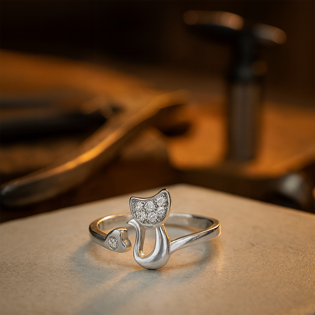 Bague Ouverte Chat Adorable – Zircon Cubique
