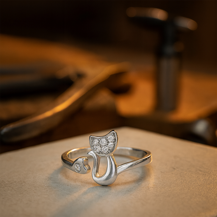Bague Ouverte Chat Adorable – Zircon Cubique