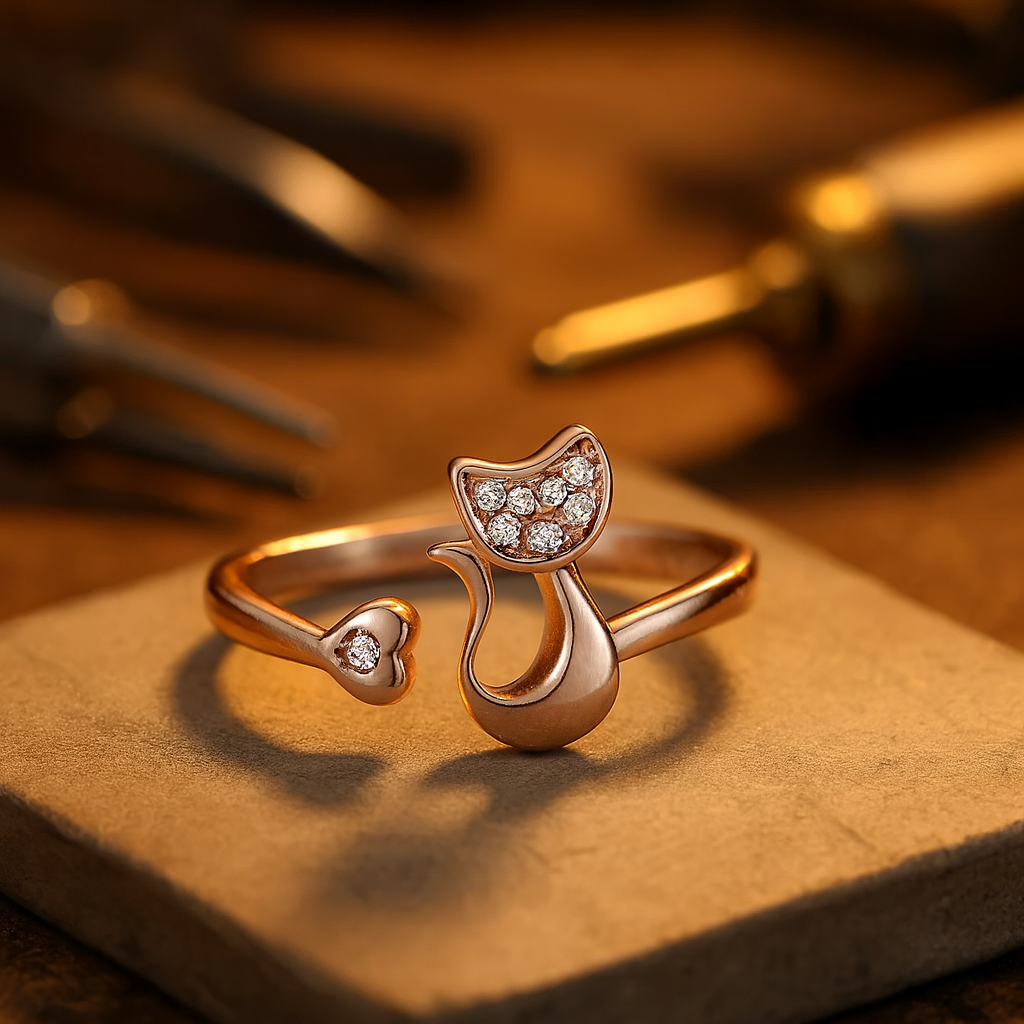 Bague Ouverte Chat Adorable – Zircon Cubique
