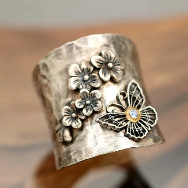 Bague Large en Forme de Fleurs, Abeilles et Papillons