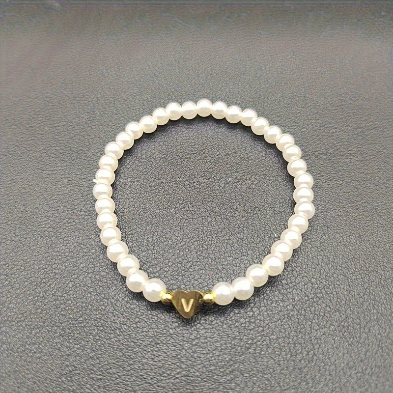 Personalised Pearl Bead Bracelet with Heart Initial Charm