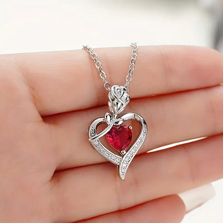 Silver Ruby Heart Pendant Necklace