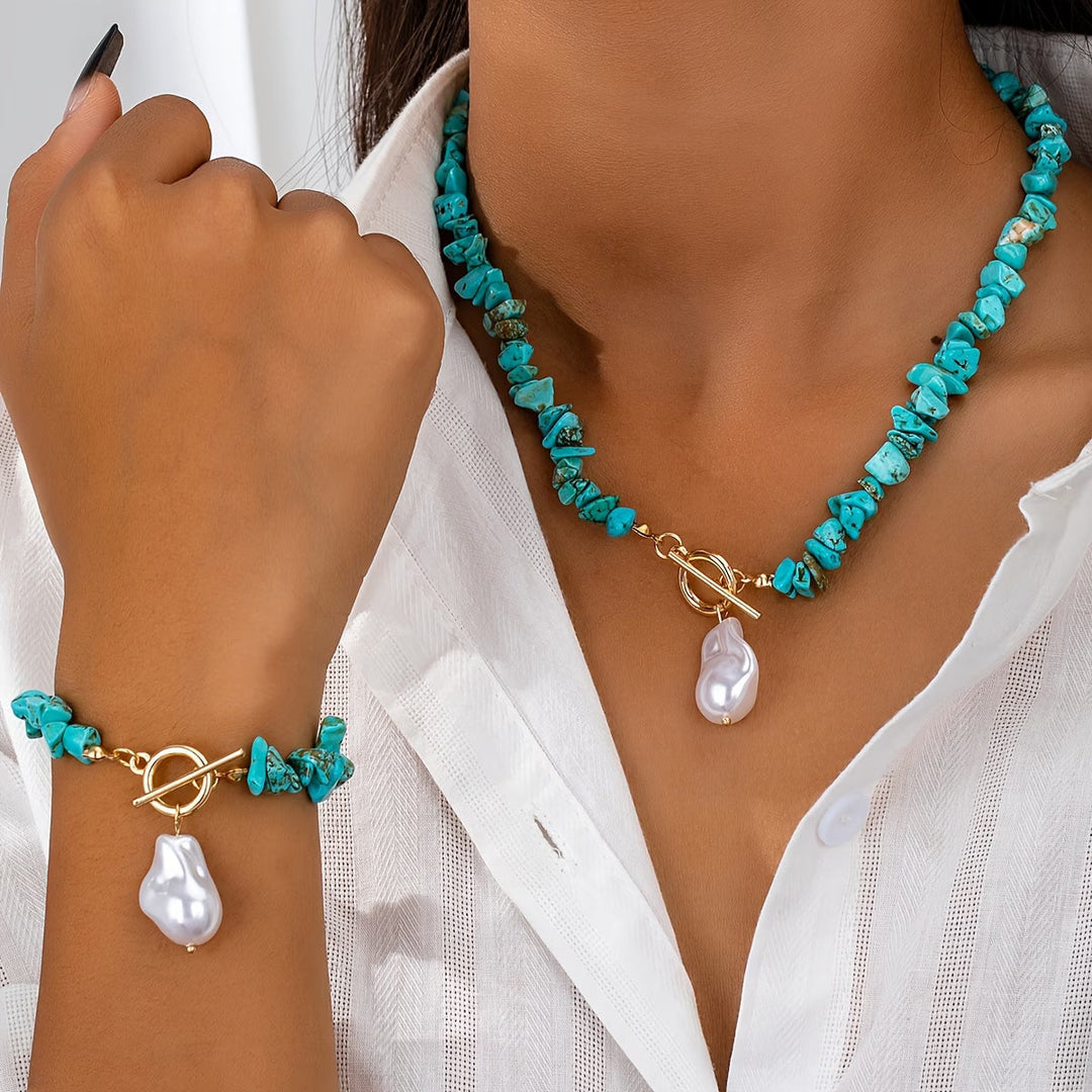 Turquoise &amp; Pearl Necklace Bracelet Set