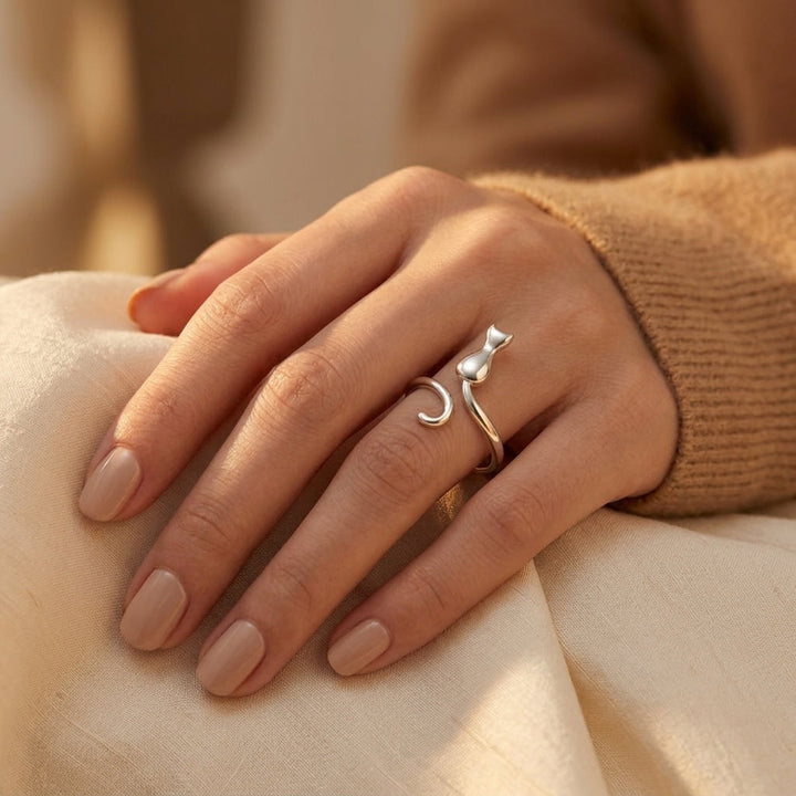 Silver Cat Pattern Ring