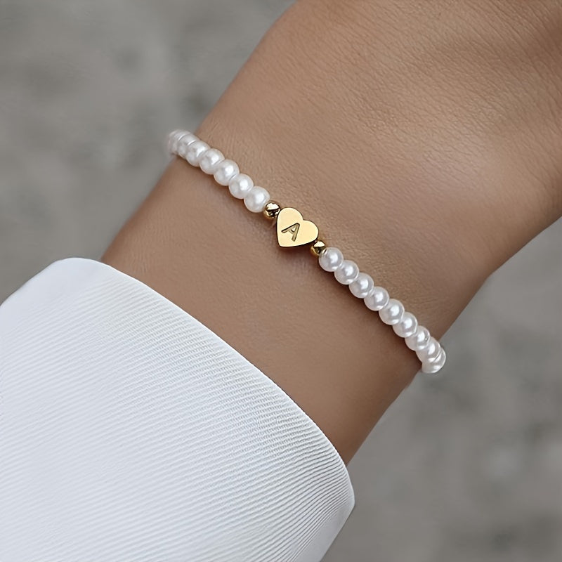 Personalised Pearl Bead Bracelet with Heart Initial Charm