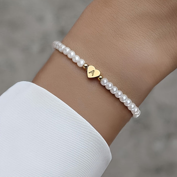 Personalised Pearl Bead Bracelet with Heart Initial Charm