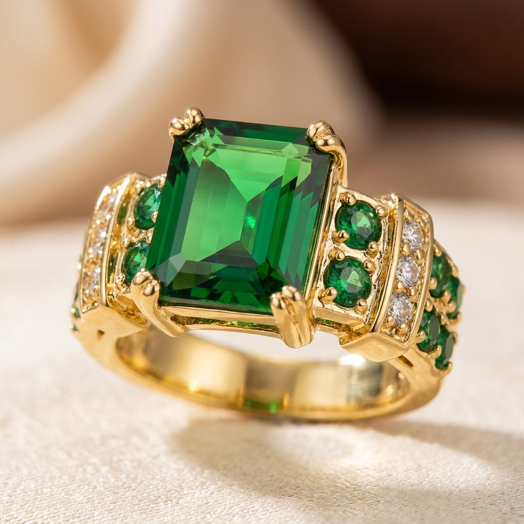 Geometric ring in gold and emerald