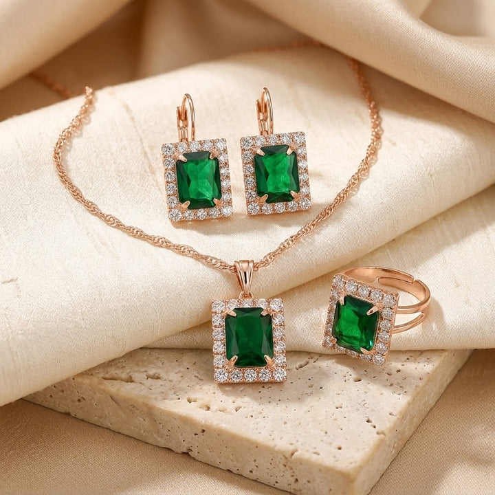 Rectangular Gold and Emerald Jewelry Set