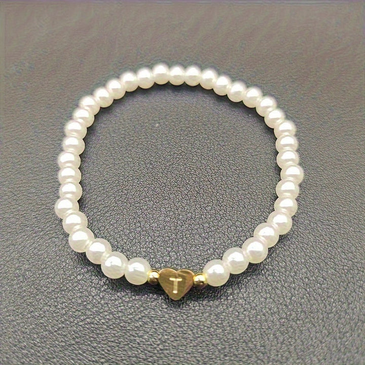 Personalised Pearl Bead Bracelet with Heart Initial Charm