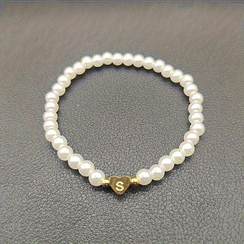 Personalised Pearl Bead Bracelet with Heart Initial Charm
