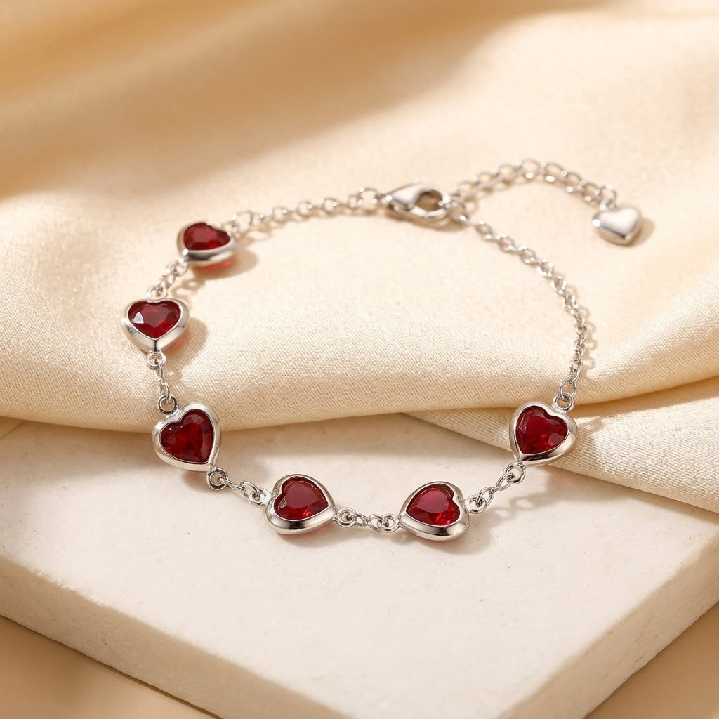 Bracelet en Chaîne Argent et Rubis en Forme de Cœur