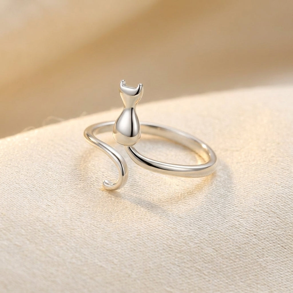 Silver Cat Pattern Ring