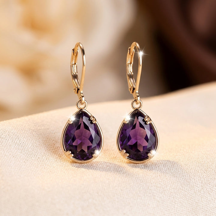 Gold Earrings with Amethyst Drop