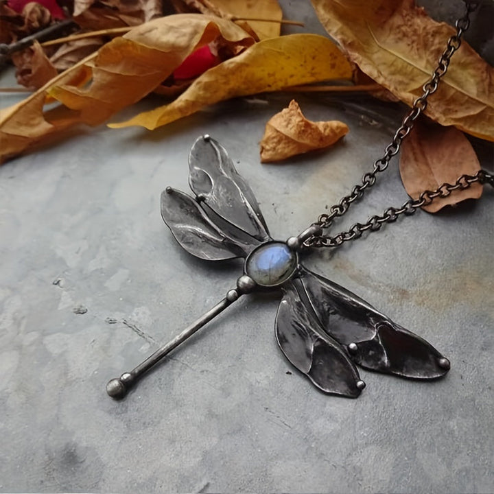 Collier Pendentif Libellule Vintage en Pierre de Lune
